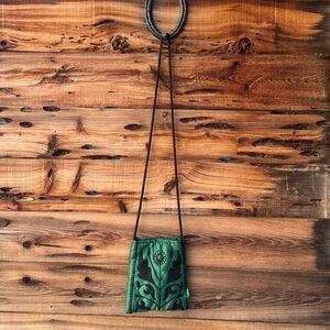 UNBRANDED | Emerald Green Embroidered Crossbody Bag W/ Beaded Strap